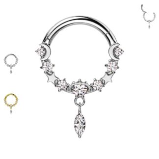 Piercing cerchio con strass sole e luna con goccia pendente